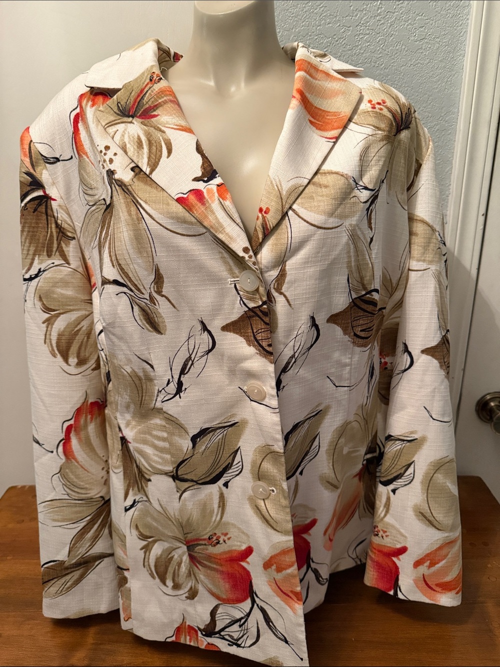 Alfred Dunner Cream Floral Blazer with Tan and Coral Accents